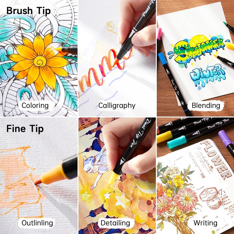 Shuttle Art Dual Tip Brush Pens, 96 Colours Fine and Brush Tip Markers Set with Pen Holder & 1 Colouring Book, Felt Tip Colouring Pens for Adults and Children Colouring Calligraphy Journal Doodling - Image 4